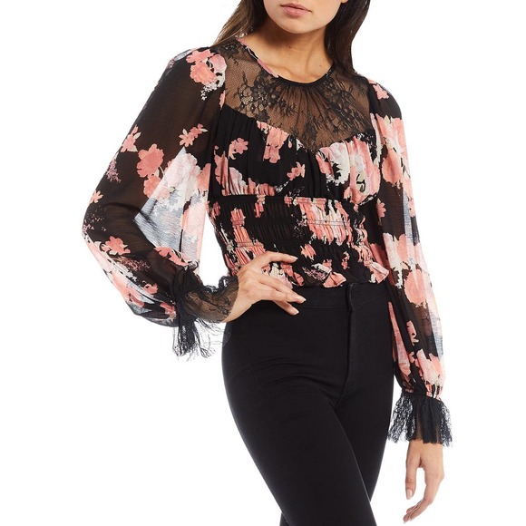 Free People Daphne Blouse Floral Print Lace Sheer Long Sleeve Blouse - Picture 5 of 12